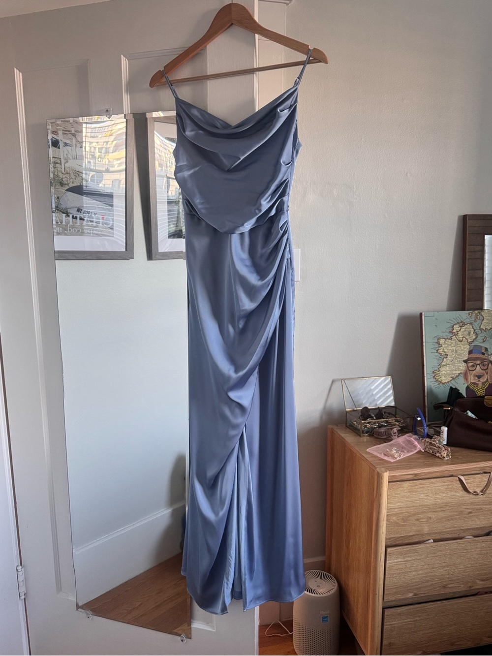 Birdy Grey Satin Dusty Blue Cowl Neck Dress